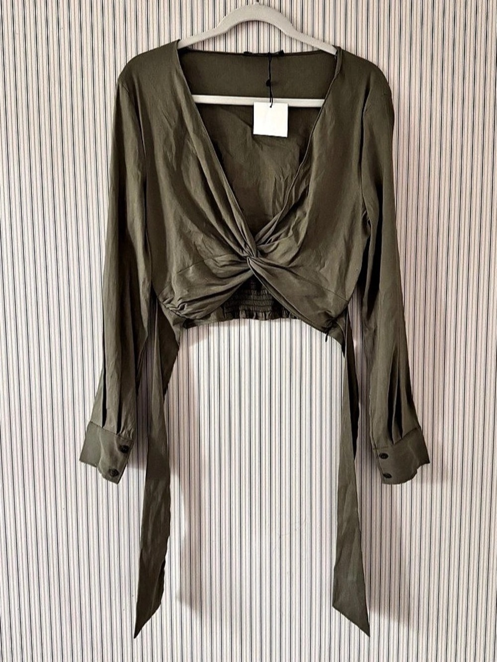 New Zara Crop Top Knot Ruched Twist Tie-Front Blouse in Olive Green XL Linen